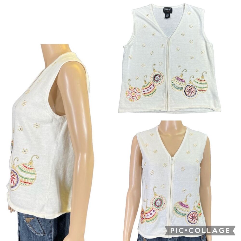 Studio Joy Womens Sweater Vest Beaded Full Zip Sleeveless Christmas Medium